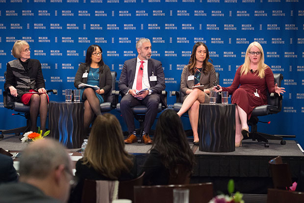   Panel: Financial Innovations Lab ®. L-R: Caitlin MacLean, Milken Institute; Holly Vocal, Stifel, Nicolaus & Company; Margaret Leinen, Scripps Institution of Oceanography and University of California-San Diego; Michael Kashani, Goldman Sachs Asset Management; Steffi Chan, Orrick