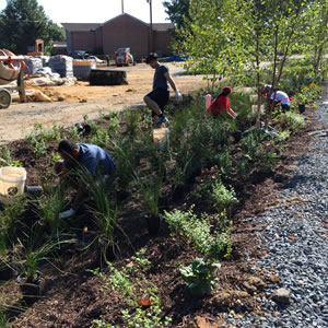 People helping to plant green infrastructure in a church parking lot. Photo: Anacostia Watershed Society