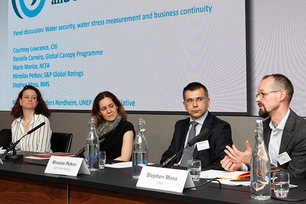 L - R: Courtney Lowrance, Citi; Danielle Carreira, Global Canopy Programme; Miroslav Petkov, S&P Global Ratings; Stephen Moss, RMS